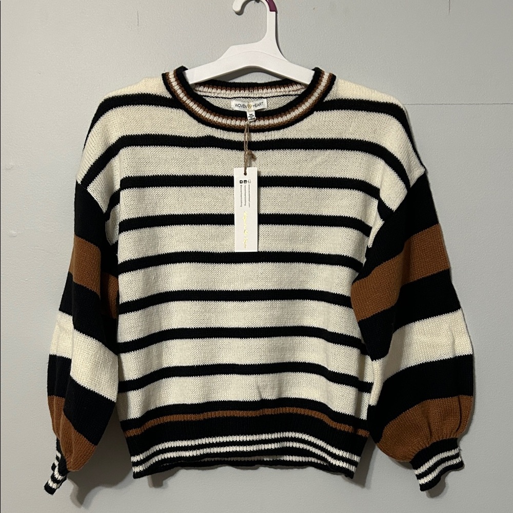 Woven Heart Black, cream and Brown crew neck Striped Sweater. Med NWT.